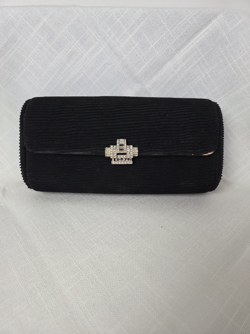 Vintage Murray Kruger Black Velvet Rhinestone Clasp Evening Clutch